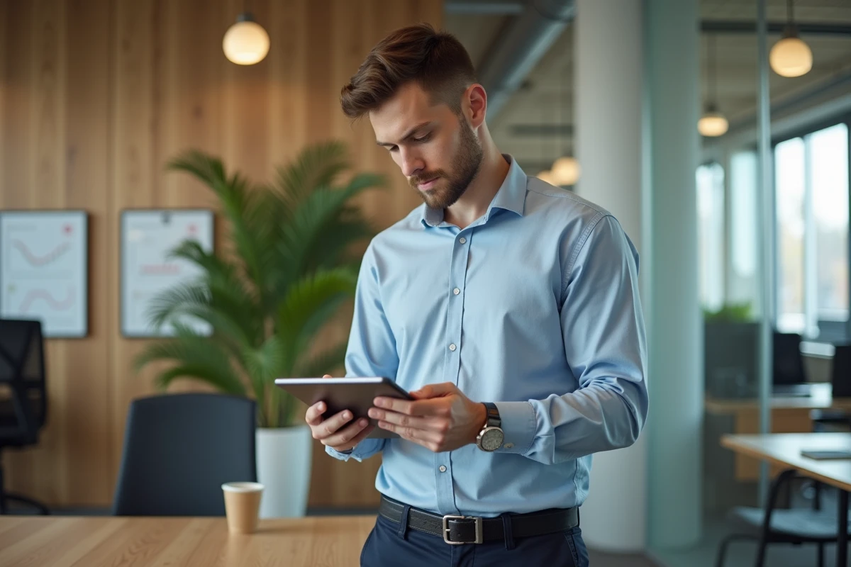Jeune homme dans espace de coworking lisant des consignes