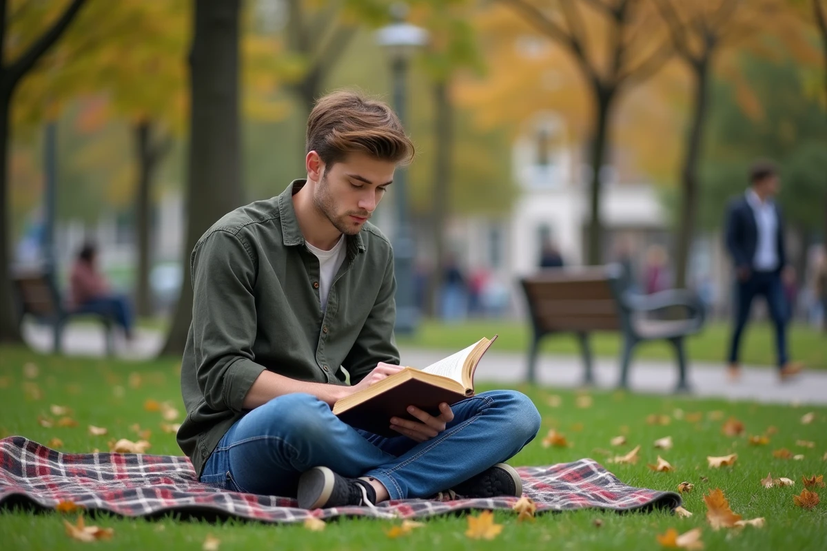 Jeune homme lisant dans un parc urbain en automne
