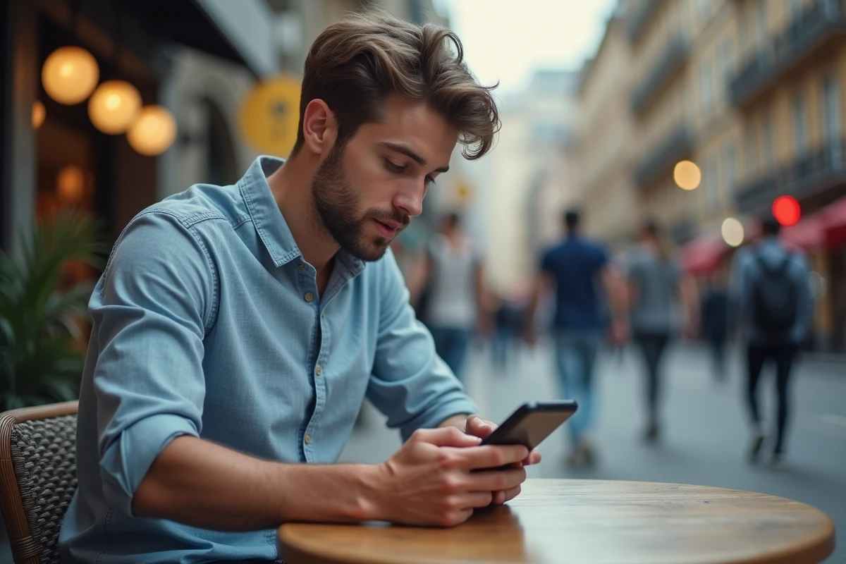 Jeune homme utilisant son smartphone dans un café urbain