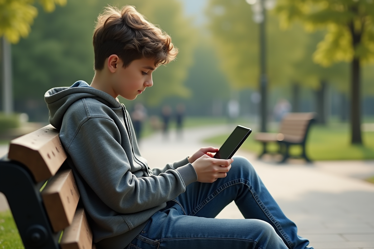 Jeune garçon utilisant une tablette dans un parc urbain