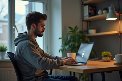 Jeune homme concentré travaillant sur son laptop avec VPN dans un bureau moderne