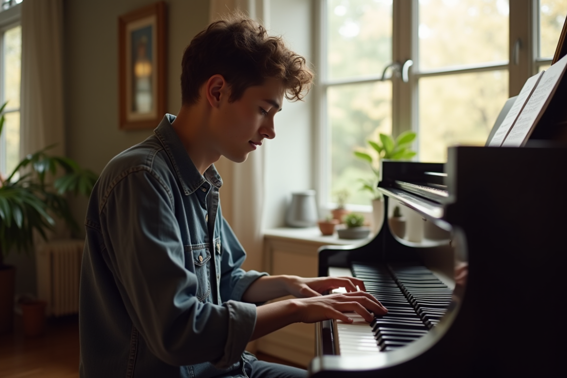 Musicien jeune jouant du piano dans un studio lumineux