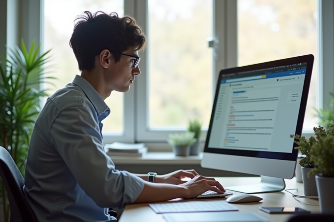 Jeune professionnel travaillant à un bureau lumineux et organisé