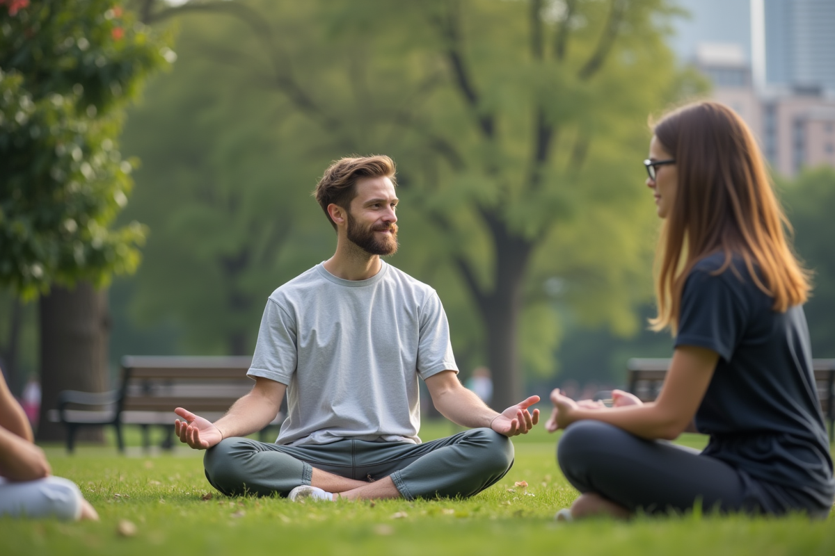 Jeune instructeur guidant mindfulness en plein air