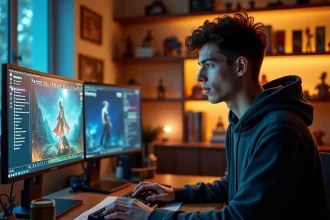Joueur adulte concentré devant son écran d'ordinateur jouant à un MMORPG fantastique avec interface de quête visible