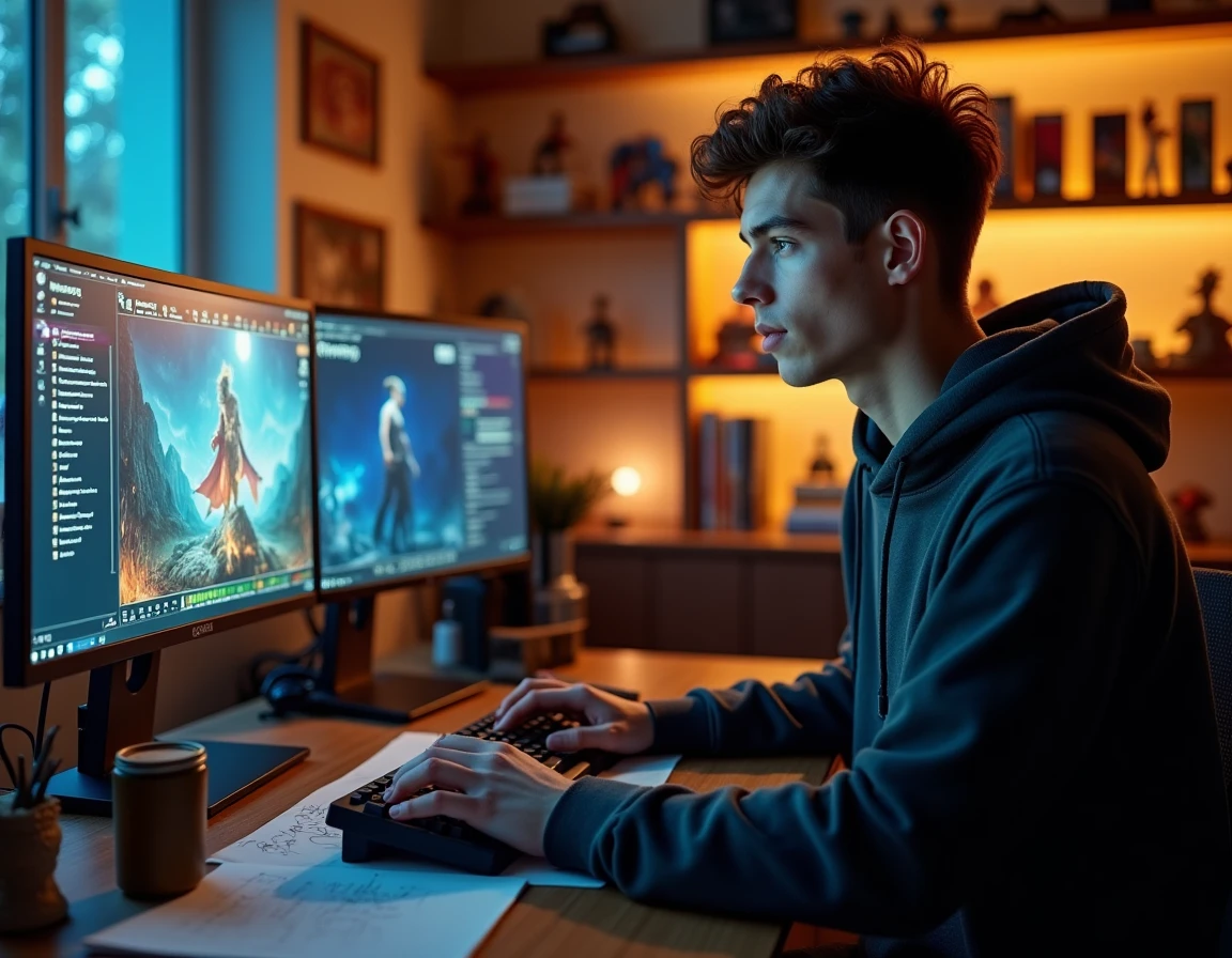 Joueur adulte concentré devant son écran d'ordinateur jouant à un MMORPG fantastique avec interface de quête visible