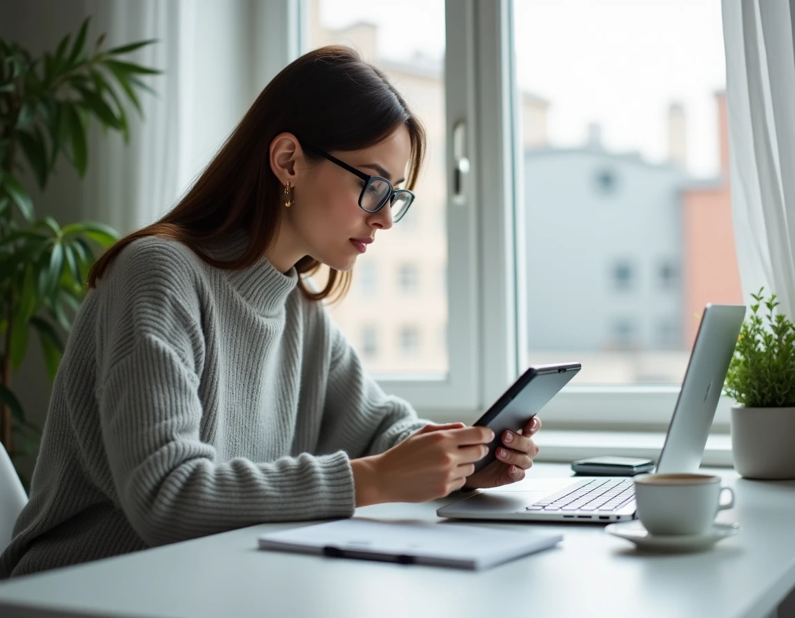 Femme adulte avec lunettes lisant attentivement les notes de mise à jour d'un jeu en ligne sur tablette dans un espace de travail minimaliste