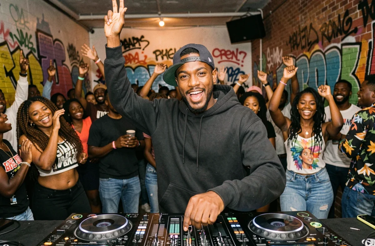 DJ Kassou en action derrière ses platines lors d'une soirée urbaine festive avec public jeune et dynamique en arrière-plan