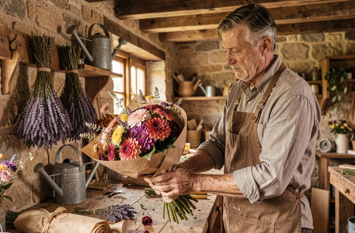 Artisan fleuriste de L'Ars des Fleurs à Saint-Julien-l'Ars emballant un bouquet de dahlias et de fleurs sauvages dans du papier kraft dans un atelier en pierre