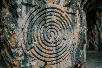 Labyrinthe crétois gravé dans la pierre calcaire ancienne, symbole du mythe du Minotaure en Grèce
