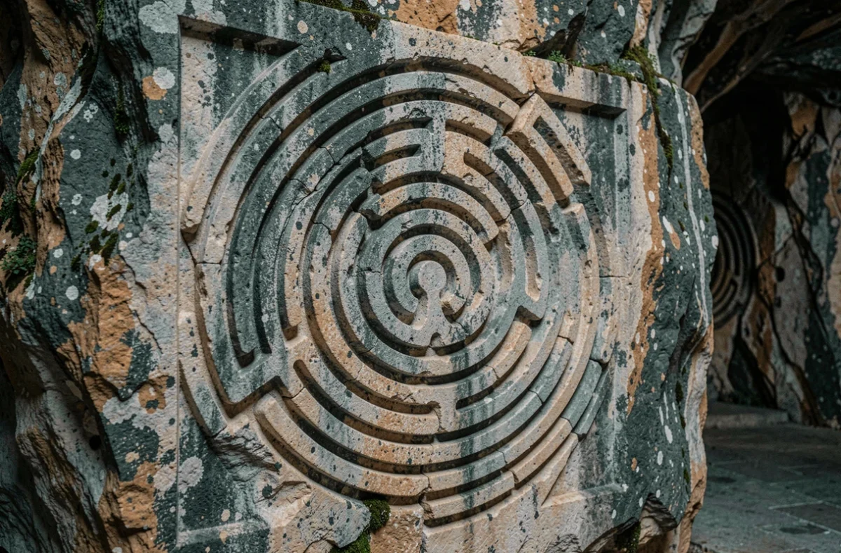 Labyrinthe crétois gravé dans la pierre calcaire ancienne, symbole du mythe du Minotaure en Grèce