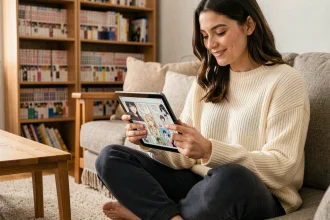 Jeune femme lisant un manga en ligne sur tablette dans un salon cosy avec bibliothèque de mangas en arrière-plan