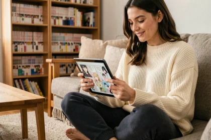 Jeune femme lisant un manga en ligne sur tablette dans un salon cosy avec bibliothèque de mangas en arrière-plan