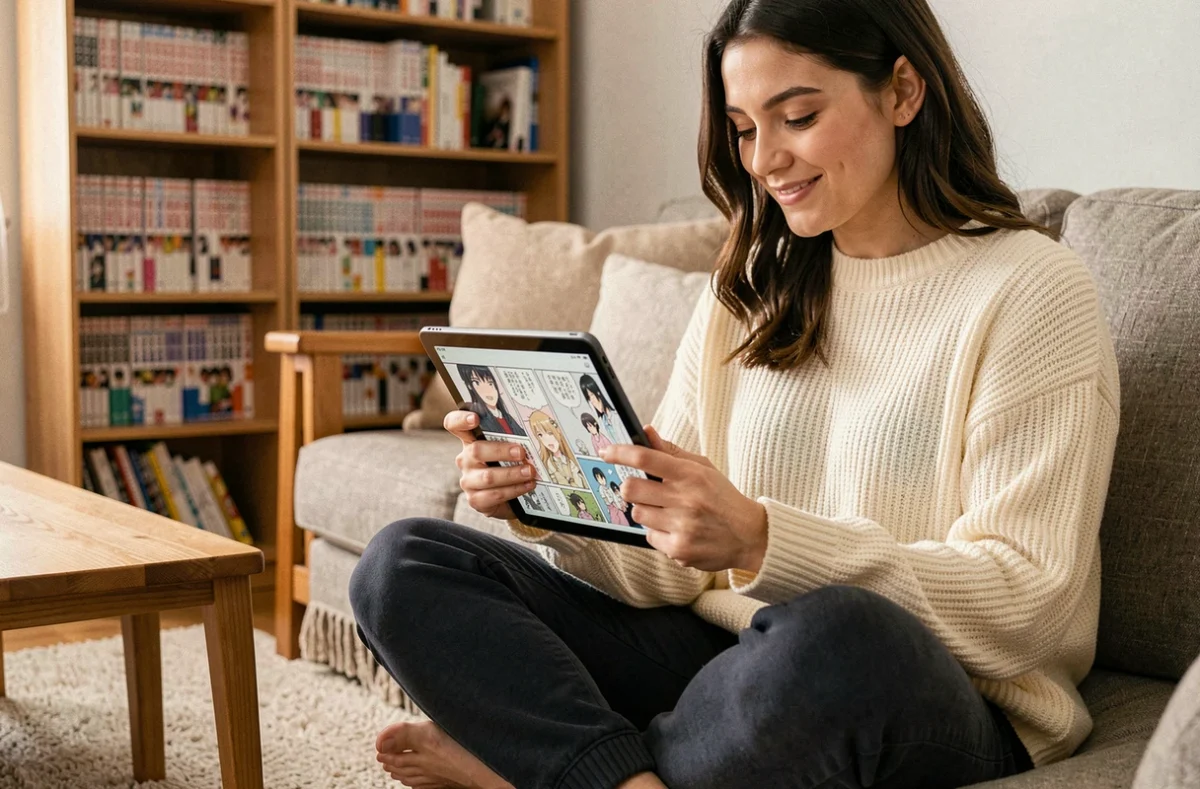 Jeune femme lisant un manga en ligne sur tablette dans un salon cosy avec bibliothèque de mangas en arrière-plan