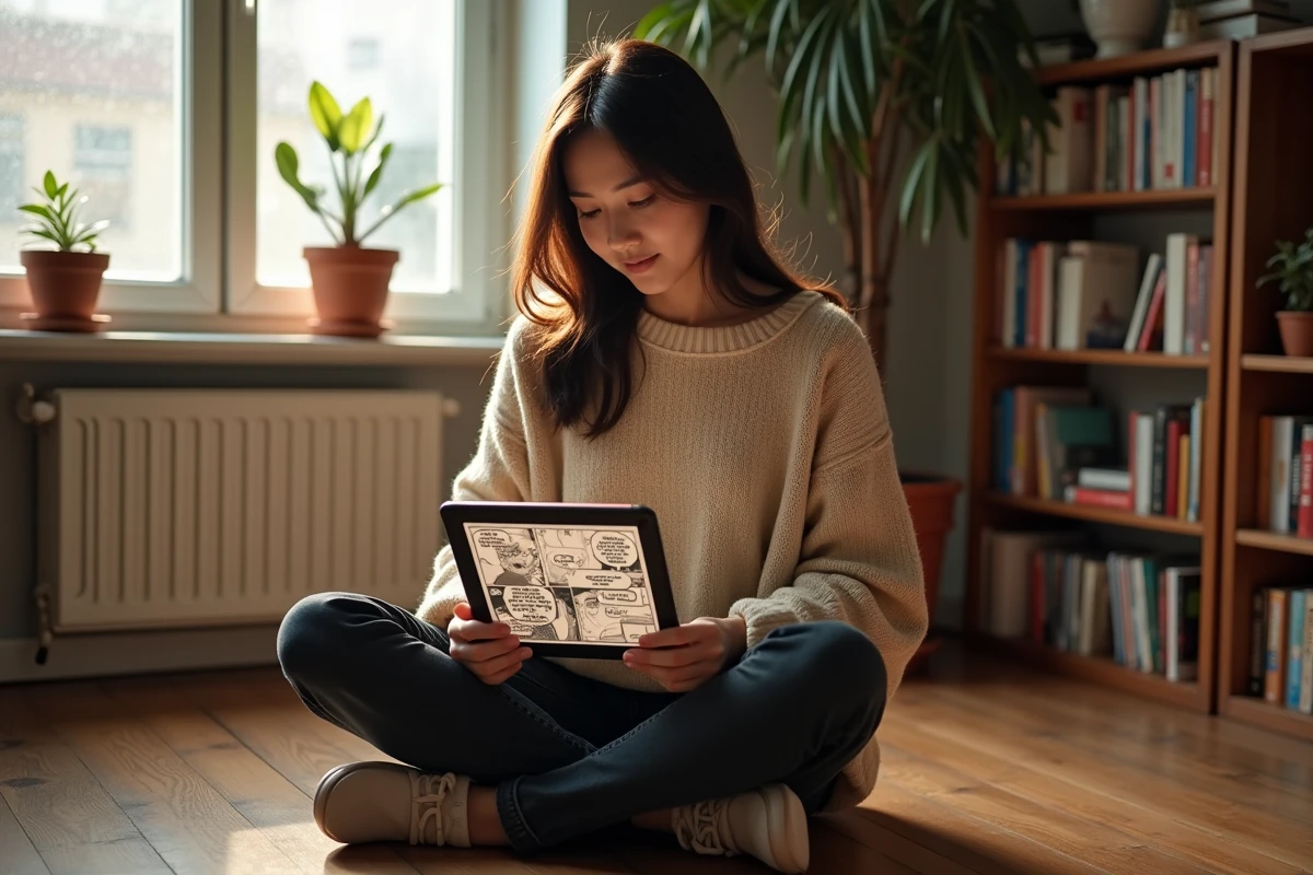Jeune femme lisant un manhwa en VF sur une tablette dans un appartement cosy entouré de mangas