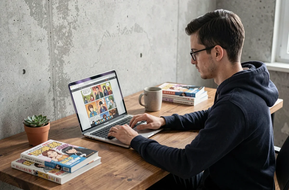 Homme lisant un webtoon en ligne sur ordinateur portable à son bureau avec des mangas posés à côté