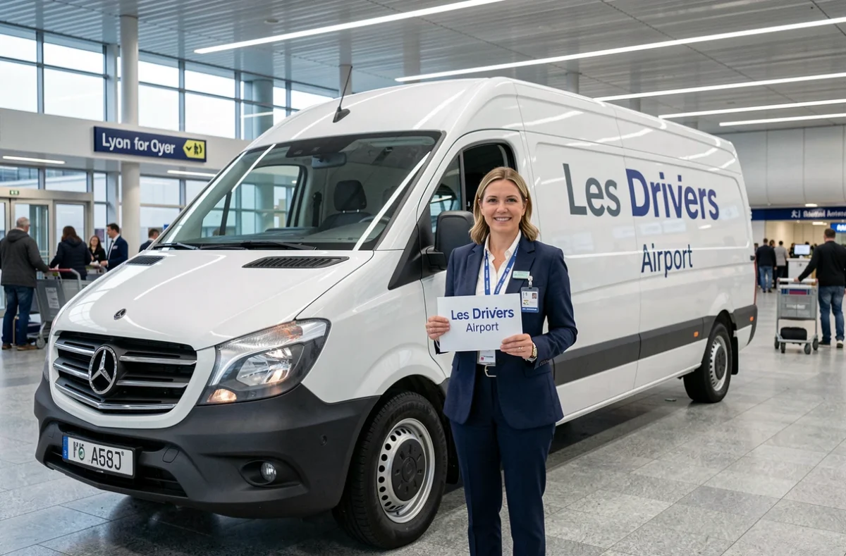 Chauffeuse Les Drivers Airport à l'arrivée de l'aéroport de Lyon avec pancarte passager