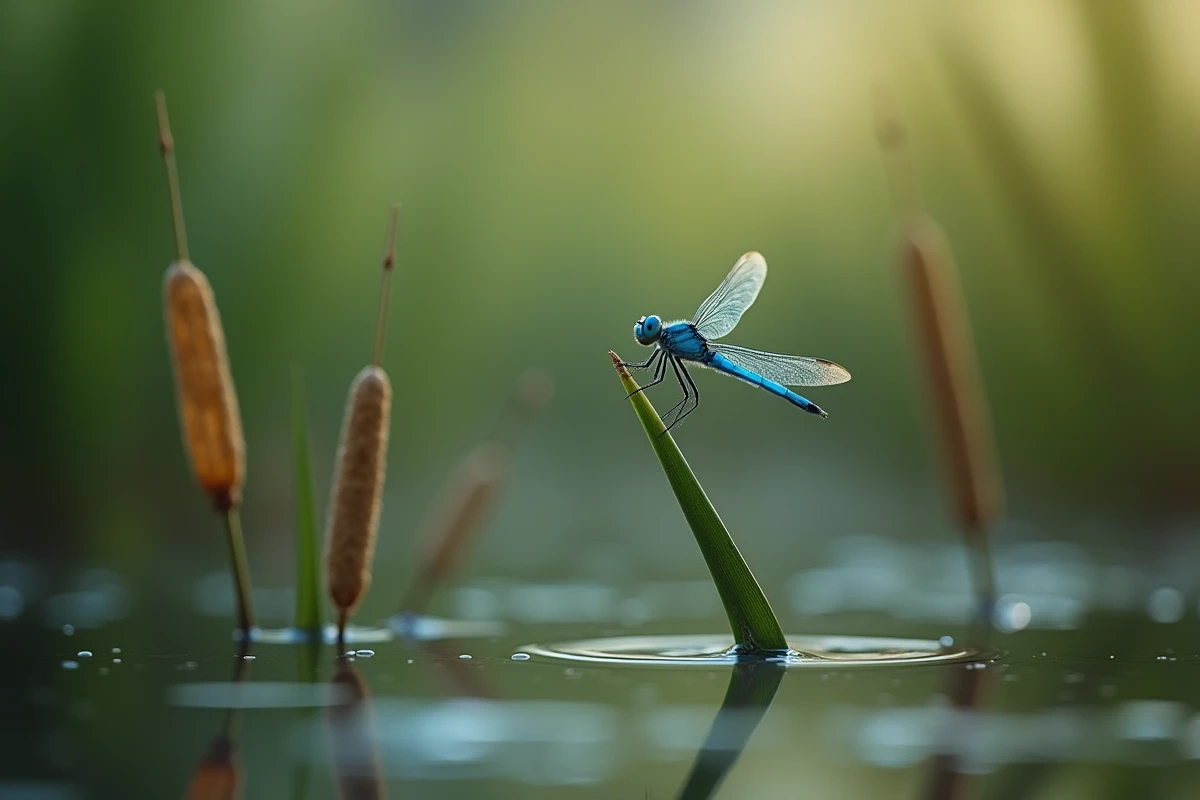 Libellule bleue posée sur un roseau au bord d'un étang calme, ailes translucides en gros plan macro