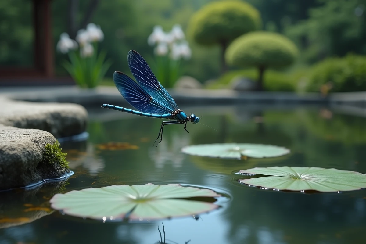Libellule bleue en vol au-dessus d'un bassin de jardin japonais avec nénuphars, symbolisme et sérénité