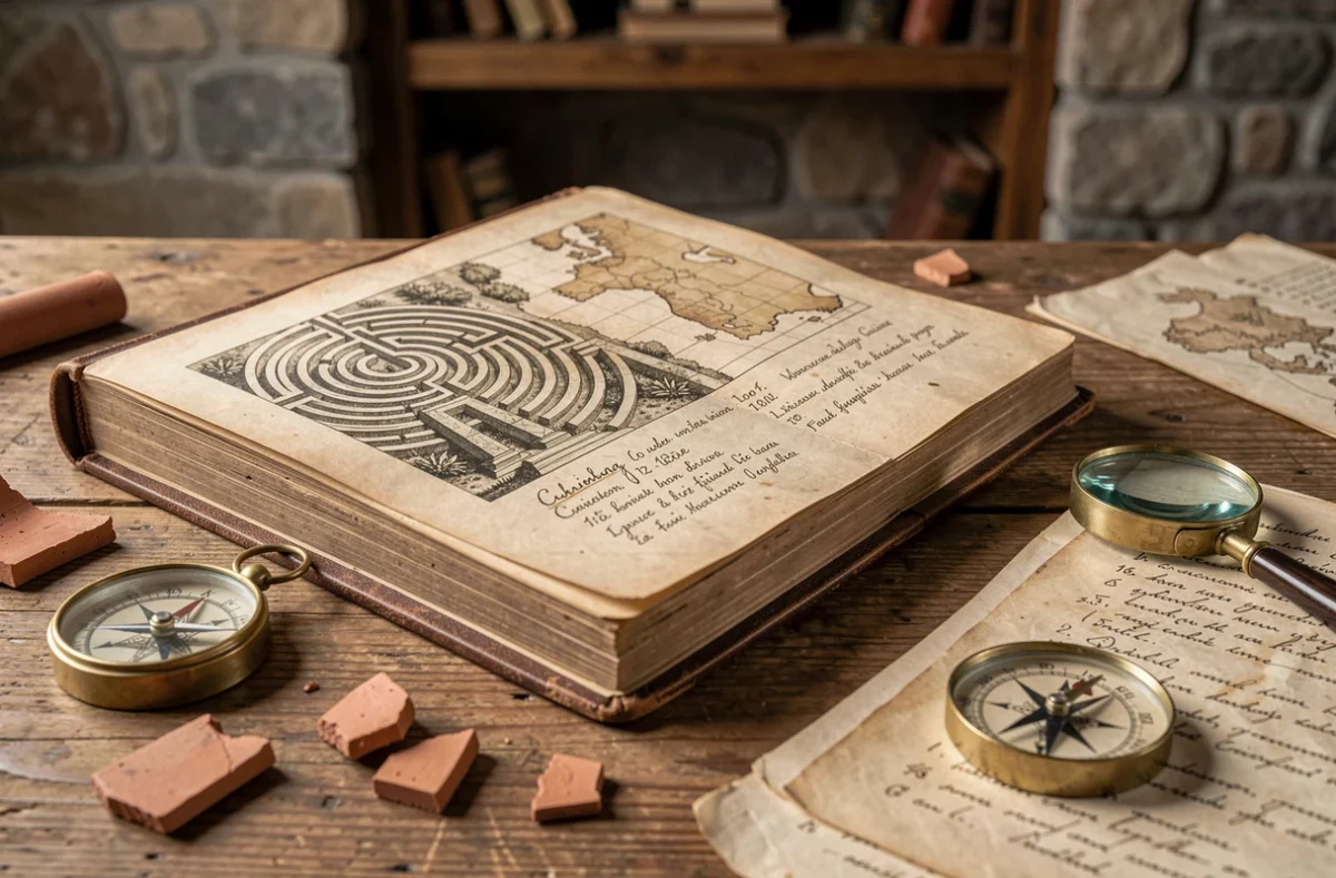 Livre ancien ouvert sur une illustration du labyrinthe de Knossos avec carte et chronologie du mythe grec