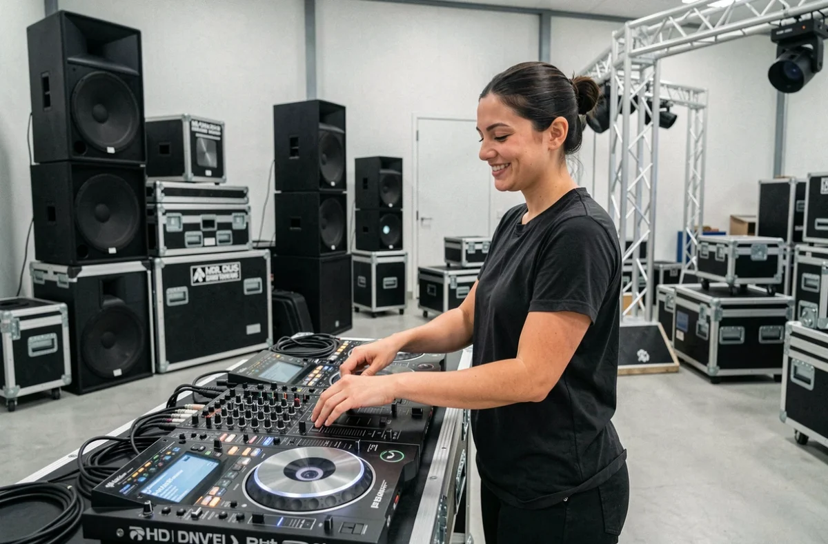 Femme DJ de Lune de Fête souriante devant un showroom de location de matériel son et lumière dans le Doubs