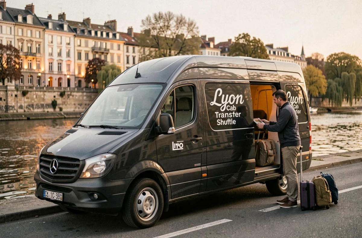 Van Lyon Cab Transfer Shuttle garé au bord de la Saône avec chauffeur chargeant des bagages