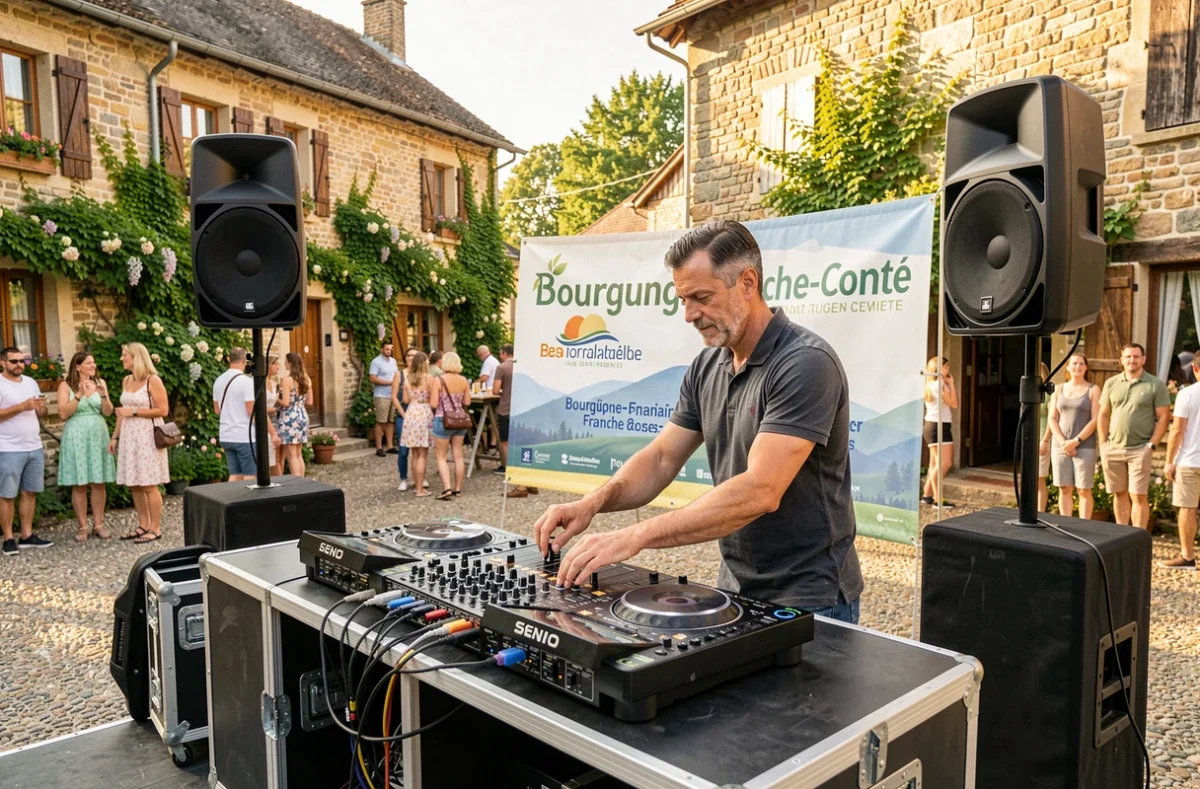 DJ Magic Dance Système animant une fête locale en plein air en Bourgogne-Franche-Comté avec système de sonorisation mobile complet