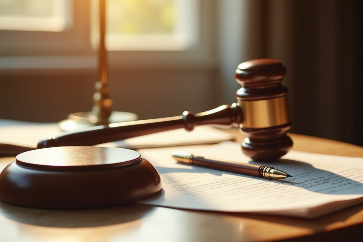 Un marteau de justice en bois et un code civil ouvert sur un bureau ensoleille