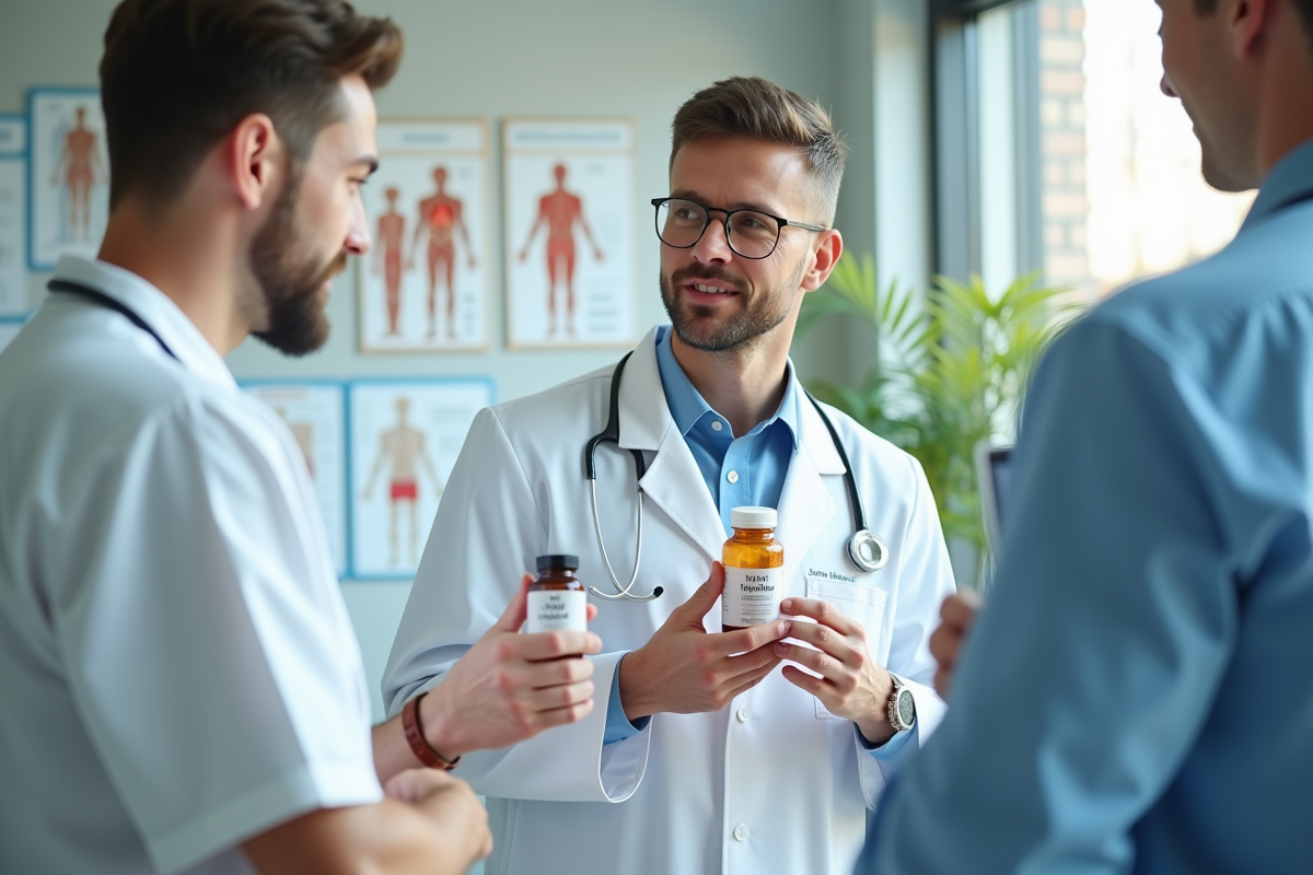 Medecin expliquant la vitamine B9 à un jeune homme dans un cabinet