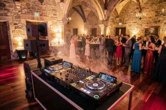 Vue d'ensemble d'une cabine DJ professionnelle dans une salle de réception bourguignonne, avec équipements modernes et ambiance festive