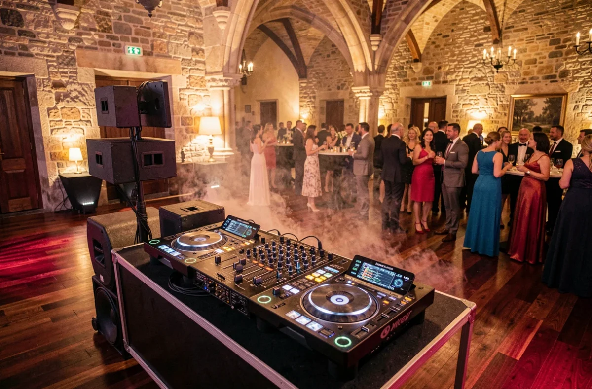 Vue d'ensemble d'une cabine DJ professionnelle dans une salle de réception bourguignonne, avec équipements modernes et ambiance festive