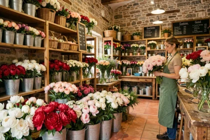 Intérieur coloré d'une fleuriste artisanale dans la Vienne, avec des bouquets variés exposés sur des étagères en bois et une fleuriste en tablier vert travaillant au comptoir