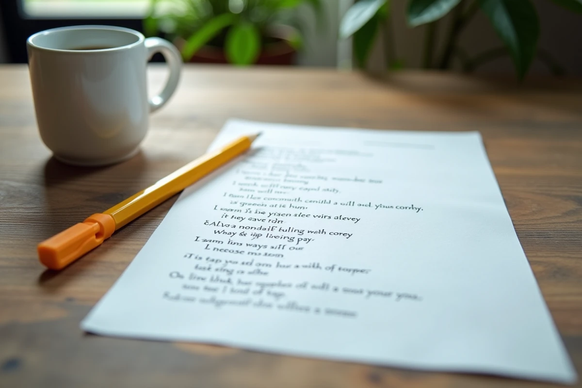 Fiche mémo de paroles de chanson imprimée avec annotations manuscrites sur une table en bois pour répétition