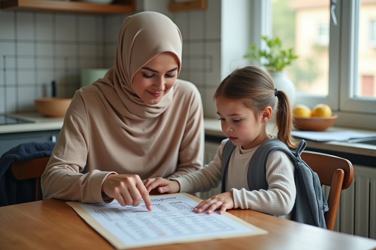 Mère voilée et sa fille consultant un horaire de prière adapté aux enfants à la maison avant l'école