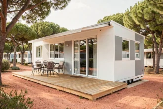 Mobil-home de marque française installé sur un camping provençal entouré de pins méditerranéens