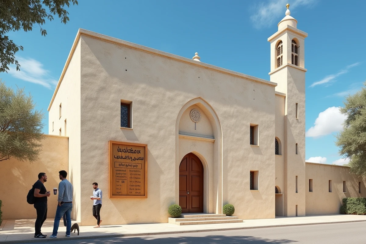 Façade d'une mosquée à Nîmes avec tableau des horaires de prière affiché à l'entrée