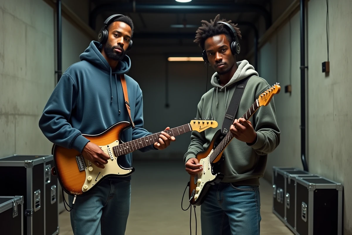 Deux musiciens de R&B américains en coulisses avant un concert, avec guitare et équipement de scène