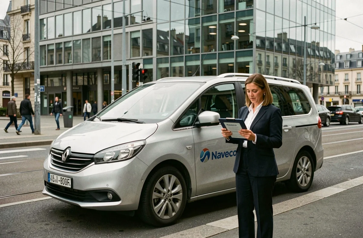 Chauffeuse Naveco en uniforme tenant une tablette devant un minivan argenté à Lyon