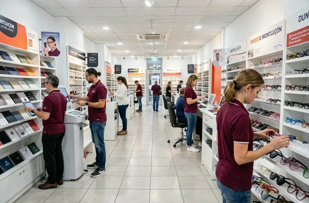 Personnel d'Optic 2000 SARL A.P.O.M à Montluçon aidant des clients dans le magasin