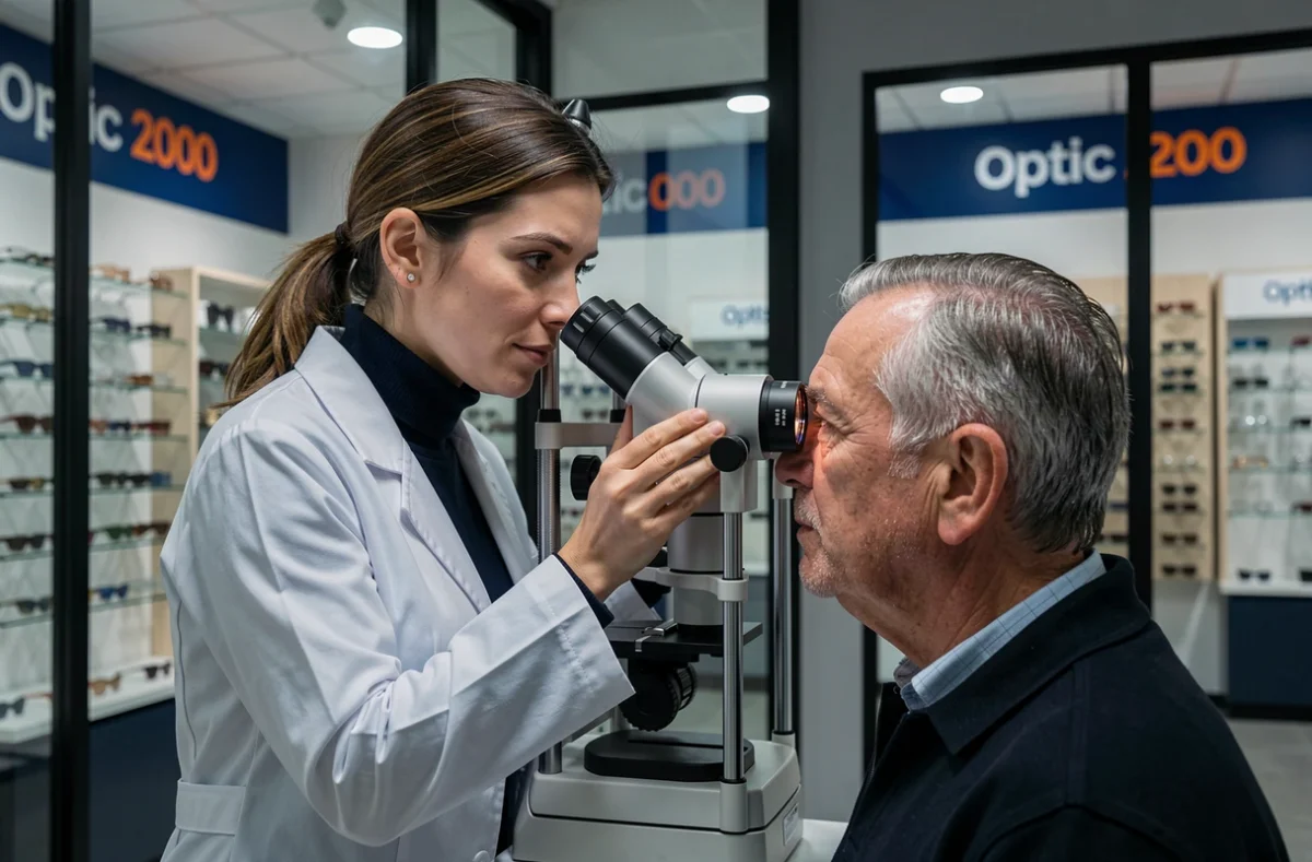 Opticienne réalisant un examen de vue chez Optic 2000 à Cusset