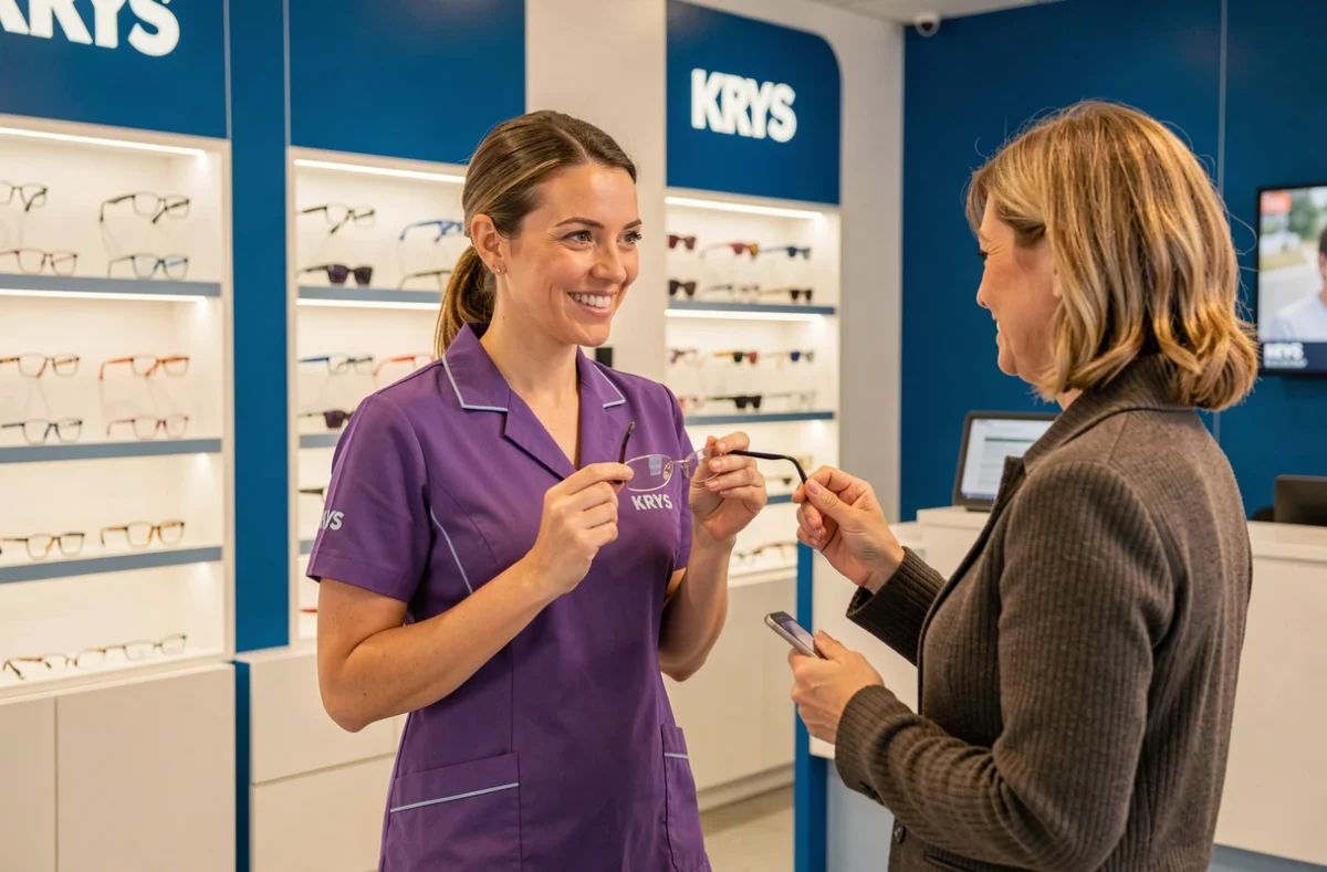 Opticienne de l'enseigne Krys - Optique Dixit présentant des lunettes à une cliente à Montluçon