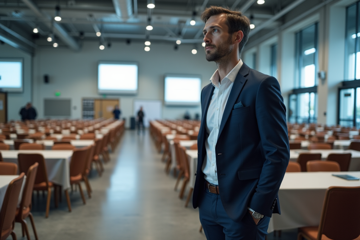 Organisateur d evenement vérifiant la disposition des chaises