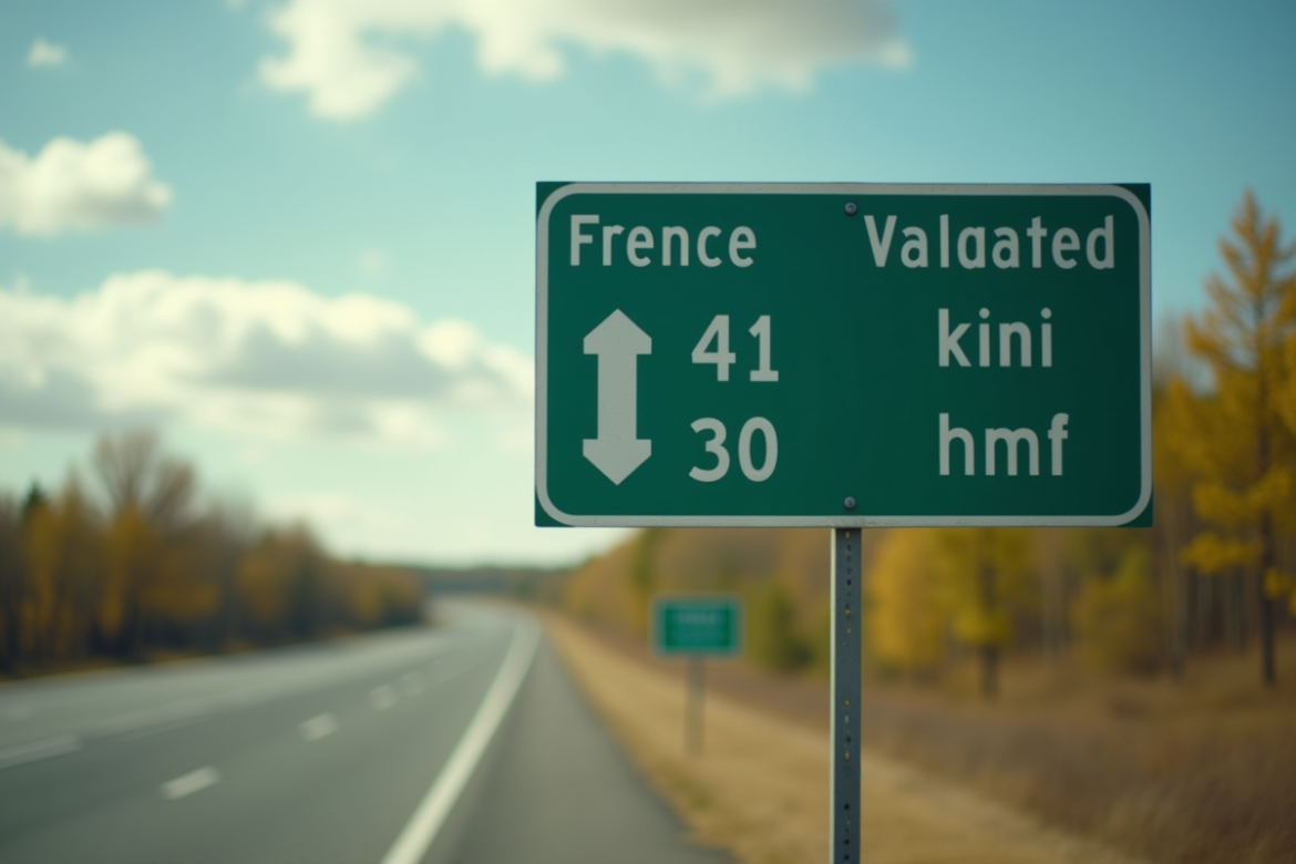 Zoom sur un panneau routier avec distances en miles et kilomètres