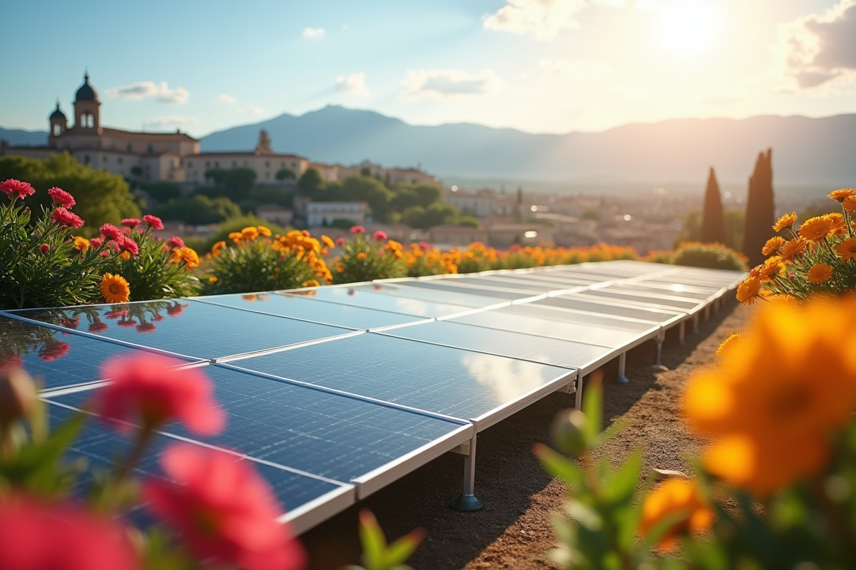 Gros plan de panneaux solaires brillants avec paysage provençal en arrière-plan