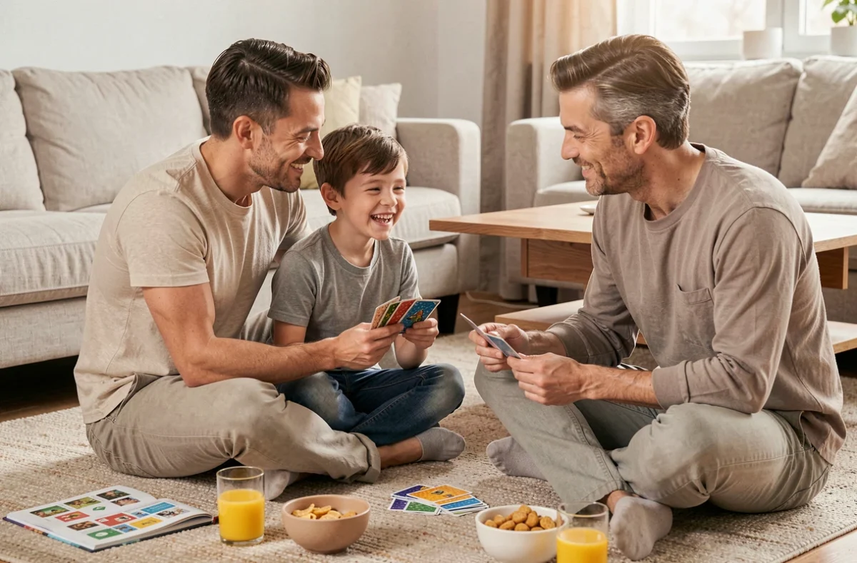 Parents et enfant jouant aux cartes ensemble assis par terre dans le salon