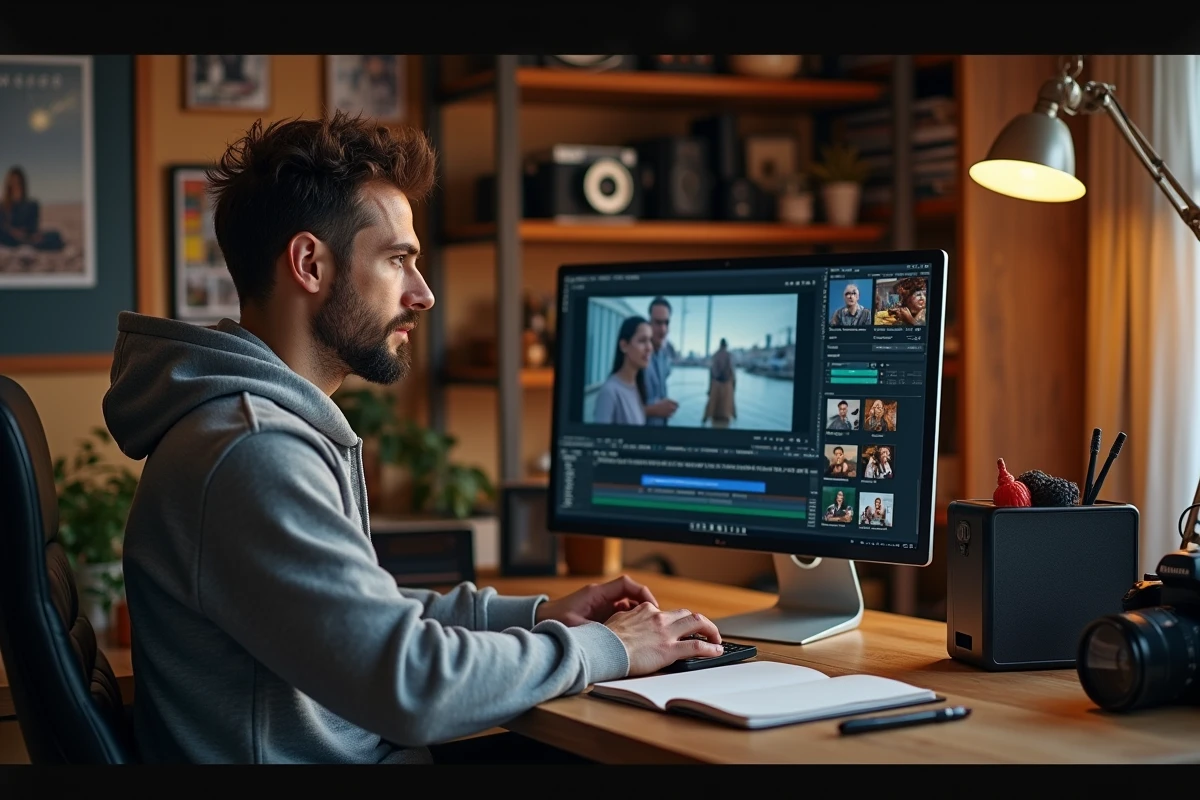Passionné de cinéma qui gère un blog média depuis son bureau à domicile entouré de collections de films