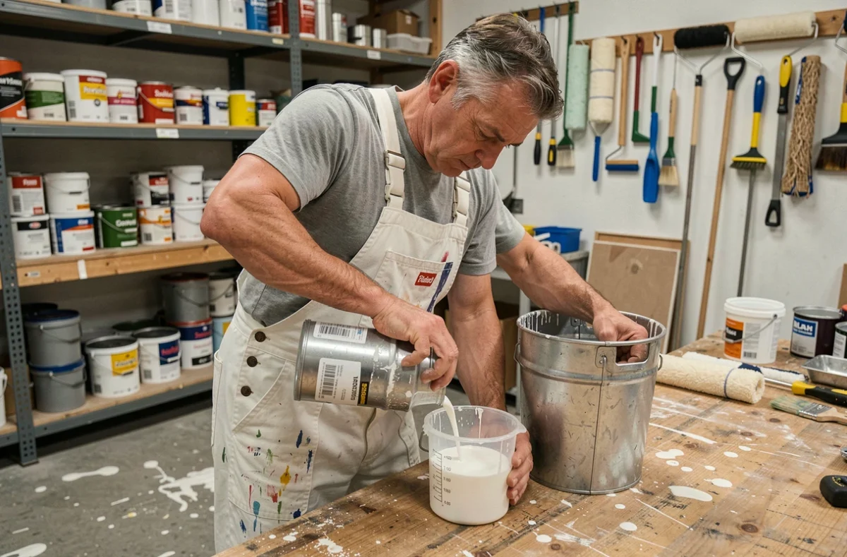 Peintre professionnel mesurant des litres de peinture blanche dans un atelier de bricolage avec des outils de travaux