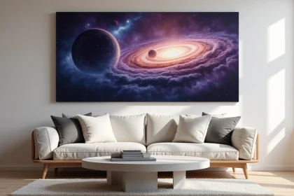 Peinture futuriste représentant une nébuleuse spatiale accrochée dans un salon minimaliste scandinave