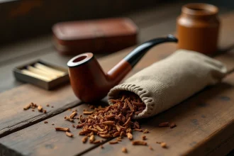 Pipe en maïs posée sur une table en bois avec du tabac à pipe en vrac et une blague à tabac ouverte