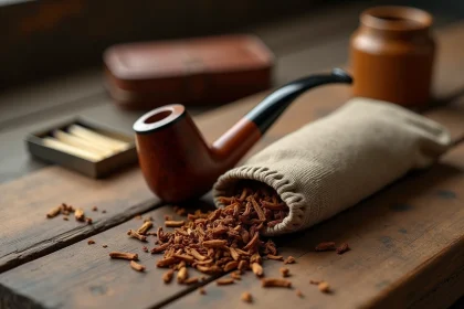 Pipe en maïs posée sur une table en bois avec du tabac à pipe en vrac et une blague à tabac ouverte